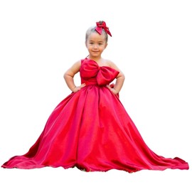 Girls Long Satin Princess Pageant Dress - Elegant Girls' Formal Party Dress - One Shoulder Ball Gown with Bow Knot - Charming Girls Outfit for Weddings & Special Occasions (6 years, red)