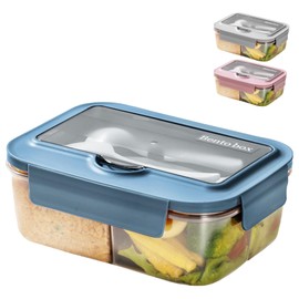 BRYN 1400ml Brotdose mit Fächern, Lunchbox Bento Box Mikrowellengeeignet, Versiegelt Vesperbox mit Besteck für Picknick, Camping, Fitness, Schule, Büros (Blau)
