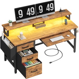 Rustic Office Desk with File Cabinet - 47 Inch Computer Desk with Keyboard Tray Drawers Storage Monitor Stand Power Outlets, Work PC Desks for Adult Boys Teen Home Office, Rustic Brown