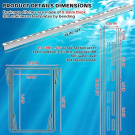 Otoolling 1 Pcs Pool Deck Drain 1.25-inch W x 4-feet L, Silver Outdoor Deck Drainage System 304 Stainless Steel with Coupling, Channel Drain for Integrated Grate/Concrete/Paver/Patios/Walkways
