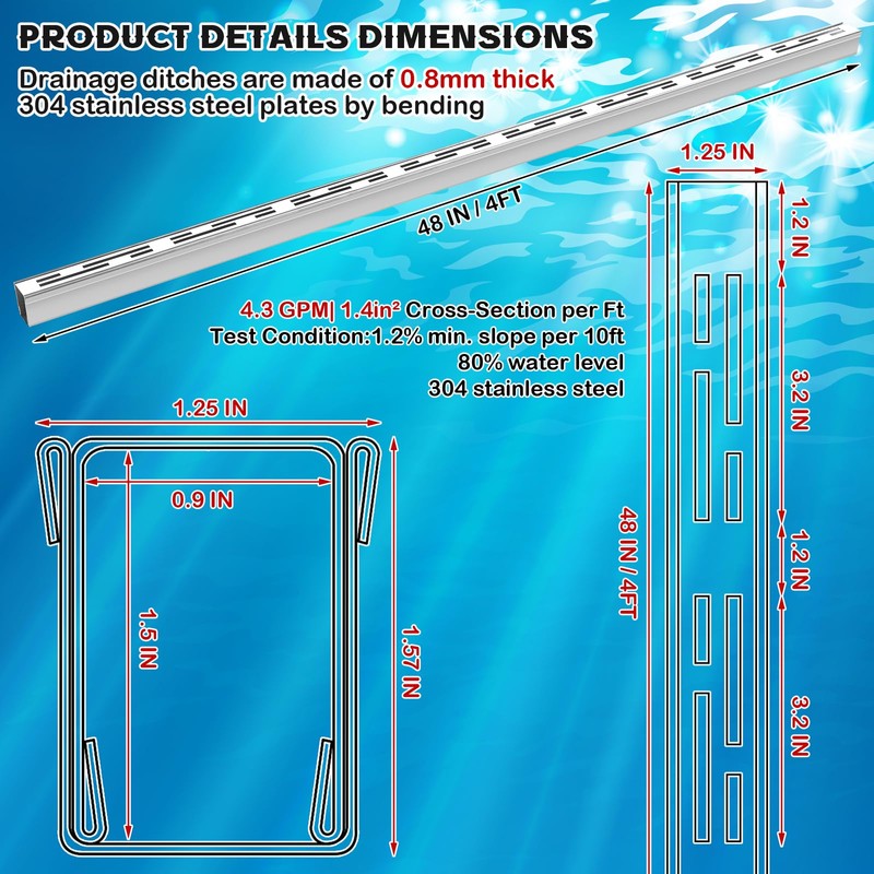 Otoolling 1 Pcs Pool Deck Drain 1.25-inch W x 4-feet