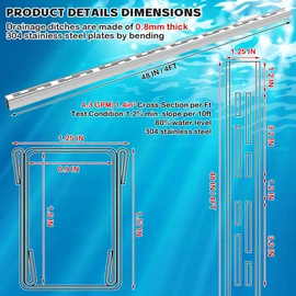 1 Pack Pool Deck Channel Drain 1.25" Wx4 ft L, 304 Steel, Silver
