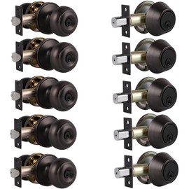 Probrico Entry Door Knob and Single Cylinder Deadbolt Lock Set, Oil Rubbed Bronze Exterior Door Handle with Lock and Keys,Reversible for Left and Right Handed Door, Keyed Alike(5Pack)