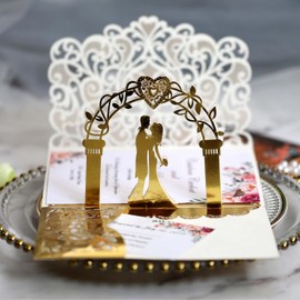 Golden 3D Pop-Up Wedding Card, Elegant Congratulations Card for Wedding, Wedding Gifts for Newlyweds, Invitation Cards, Romantic Pop-Up Card