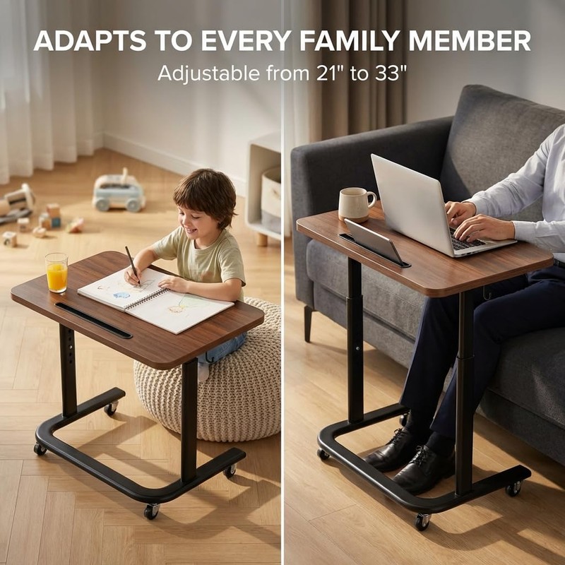 BUYIFY Height Adjustable TV Tray Table with Wheels for Couch