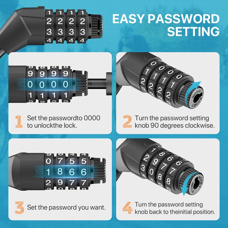 Bike Lock Cable with Combination, Coiled Secure 4-Digit Resettable Combination