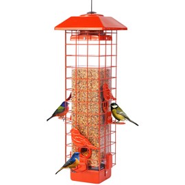 Squirrel Proof Bird Feeder, Metal Mesh Bird Feeder for Outside, Large Capacity and 4 Ports Perches (Orange)