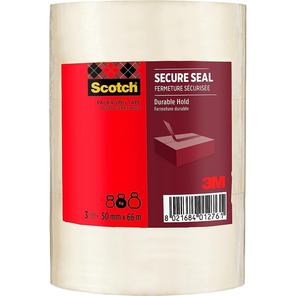 Scotch Secure Seal Packaging Tape Transparent 50 mm x 66 m 3 Rolls/Pack - Ideal for Packing Boxes and Parcels
