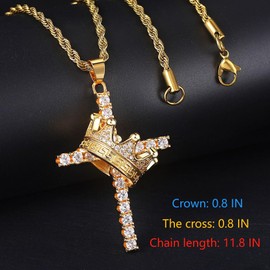 Vurotry Full Diamond Revolving Crown Cross Necklace Men's Women's 18K Gold-Plated Cross Pendant Necklace Jesus Christ Pendant Religious Jewelry Gift (gold)