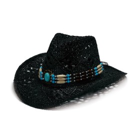 YOUBADU Western Straw Cowboy and Cowgirl Hats with Decorative Bands - Unisex Wide Brim Raffia Style Sun Hat (US, Alpha, One Size, Medium, Black with Wood Beads Brim)