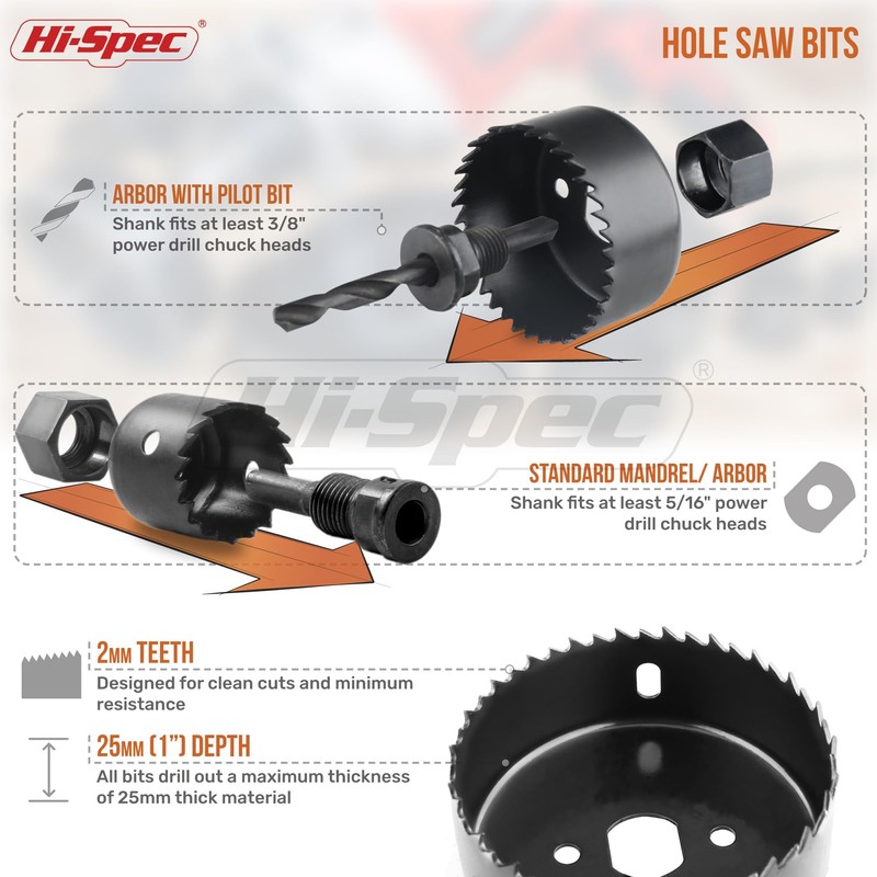 Hi-Spec 18pc Wood Hole Saws, Brad Points & Spade Drill