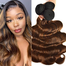 Julia Brown Highlight Ombre Body Wave Human Hair Weave 3 Bundles 24 22 20inch ,10A Brazilian 100% Remy Honey Blonde Human Hair Weft Extensions Piano Color