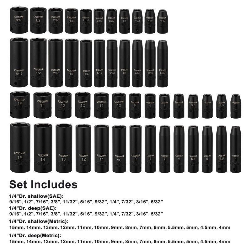 CASOMAN 1/4 Inch Drive Master Impact Socket Set, 50-Piece, 6-Point,