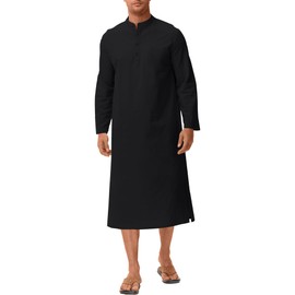 LVCBL Men's Kafta Neck Long Sleeve Kaftan Men's Long Button High Thobe Men's Side Split, black
