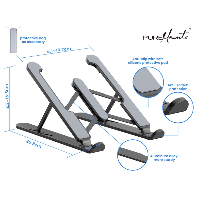 PureMounts Laptop Stand, Height Adjustable, Foldable & Ergonomic Notebook Holder