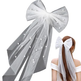 PERSENTU Hen Do Accessories,Hen Do Veil,Bridal Hair Bow Veil,Pearl White Hair Clips,Short Veils,White Veils,Wedding Hair Accessories for Short Hair,Bridesmaid Supplies.