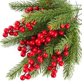 WXJ13 30 Pieces Artificial Pine Branches Christmas Holly Berries Artificial Red Berry Stems for Christmas Wreath Decorations Xmas Tree Decoration