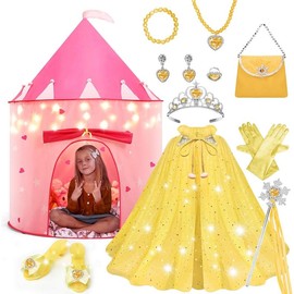 Summer Spring Mother's Day Gift  15Pcs Princess Castle Play Tent Dress Up with LED Glow in The Dark Stars for Little Girls －Princess Dress Up Cape with Crown ,Girl Play Tent/House Toy for Indoor & Outdoor Use (Yellow) - Color: Purple