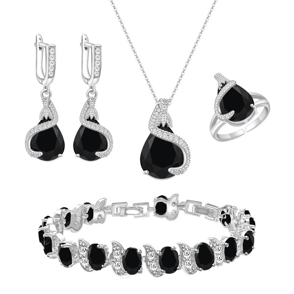 GZWHD Jewelry Set Gift for Women Girl, Black Waterdrop Created Spinel, Party Prom Jewelry, Silver-Tone Earrings Necklace Bracelet Open Ring, Birthday Gifts for Best Friends Sister Mom
