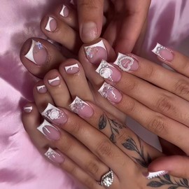 48 Pcs Pink Press On Nails Medium Square & Press On Toenails Set - YEFIUO Spring White French Fake Nails Press ons Nail Art Tip Glue on Nails Acrylic Nail Kit False Toe Nails with 3D Flower Bow Design