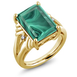 Gem Stone King 18K Yellow Gold Plated Silver Green Malachite and White Created Sapphire Engagement Ring For Women (10.03 Cttw, Gemstone Birthstone, Emerald Cut 14X10MM, Size 6)
