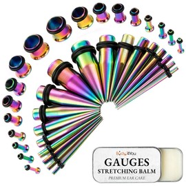 BodyJ4You 37PC Ear Stretching Kit - Beginner Gauges 14G-00G Starter Set - Aftercare Balm Wax - Rainbow Steel Tapers Single Flare Plugs Tunnels - Women Eyelet Mens Earrings Expander Piercing Jewelry