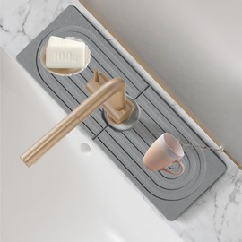 Velony Vacay Sink Faucet Mat Splash Guard, Stone Quick Dry Faucet Mat for Kitchen Sink Water Absorbent Diatomite Stone Sink Tray [Light Grey, 15.7" x 3.9"]