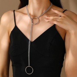 Wendalern Silver Round Circle Necklace Long Circle Lariat Y Necklace Gothic O-Ring Slip Chain Necklace Adjustable Cat Shaped Y Pendant Necklace Sweater Chain Necklace Jewellery for Women, Zinc