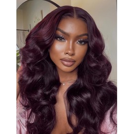 UNICE Black Cherry Loose Wave Bye Bye Knots 7x5 Lace Front Drawstring Wigs Human Hair with Face Framing Bangs Pre Everything Glueless Wig Human Hair Pre Plucked Pre Cut for Women 14 inch