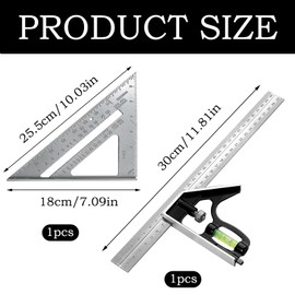 2-Piece Set Square Tool, Incl 11.81inch/300mm Combination Square With Spirit Level, And A Silver 7-Inch Imperial Triangle Ruler At 90 Degrees For Accurate And Adjustable Woodworking Measurement