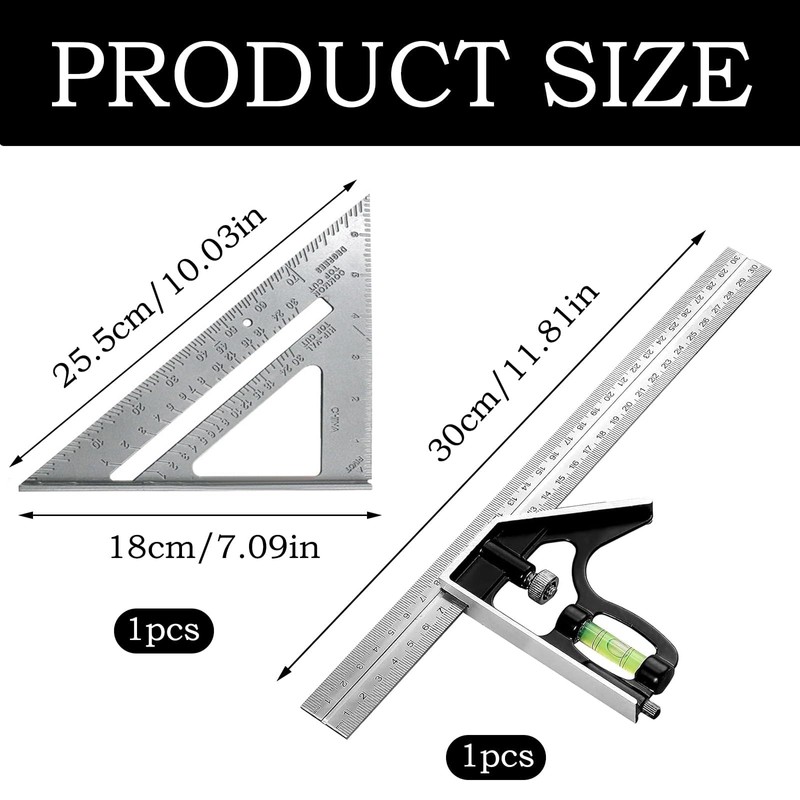 2-Piece Set Square Tool, Incl 11.81inch/300mm Combination Square With Spirit