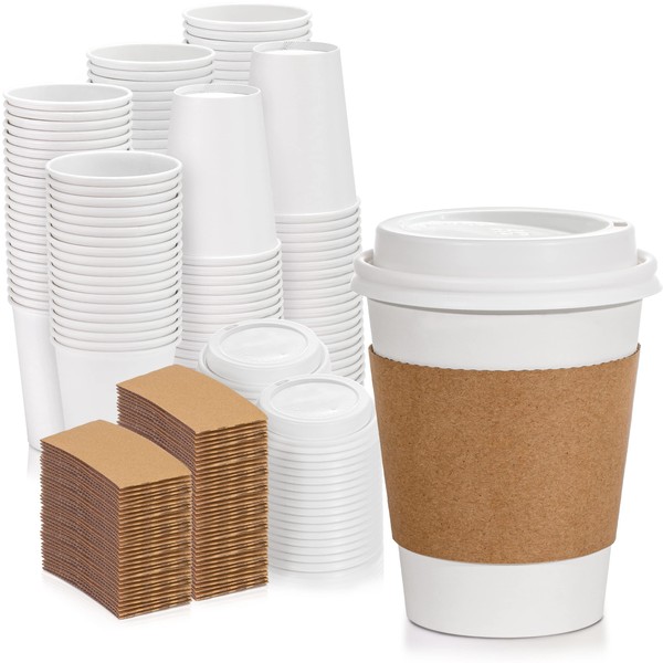 [500 Pack] White Coffee Cups with Dome Lids and Brown Sleeves - 12oz Disposable Paper Coffee Cups - To Go Cups for Hot Chocolate, Tea, and Other Drinks - Ideal for Cafes, Bistros, and Businesses
