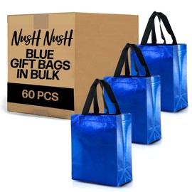 Nush Nush Set of 60 Shiny Blue Gift Bags in Bulk - Blue Reusable Gift Bags Medium Size - For Small Business As Goodie Bags, Birthday Gift Bags With Handles, Party Favor Bags, Goody Bags- 8Wx4Dx10H