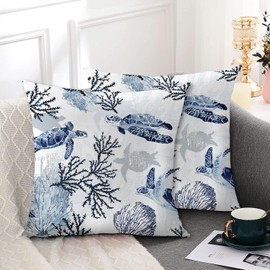 Wsunsal Coastal Turtle Pillow Covers 16 x 16 Inch Set of 2 Blue Coral Sea Nautical Decorative Throw Pillows Beach Ocean Themed Outdoor Pillow Cases Linen Cushion Covers for Home Couch Sofa Bedding