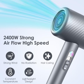 Oskuglin Haartrockner 2400W AC Motor, Professioneller Ionen-Fön, 3 Heizung/2 Geschwindigkeiten mit Düsen, schnell trocknend, leichter Haartrockner für Zuhause, Salon, Reisen, Damen, Kinder (Grau)