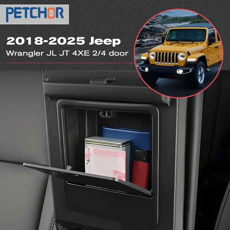 PETCHOR One-Touch Hidden Storage Console Box for 2018-2025 Jeep Wrangler