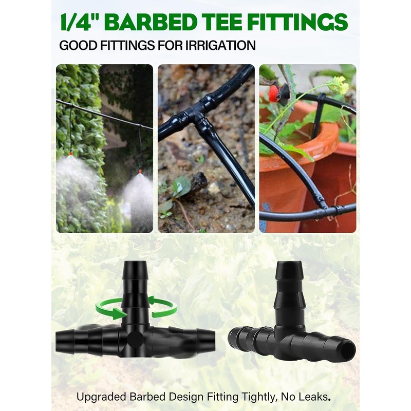 Rolcoassuns 100pcs Drip Irrigation 1/4" Universal Barbed Tee Fittings, 1/4