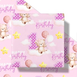 RUSPEPA 1st Birthday Wrapping Paper Roll for Toddler Girl, Mini Roll, Pink Bear Balloons and Number 1 Gift Wrap Paper for First Birthday Party, Baby Shower Celebration, 17 Inches x 16.4 Feet