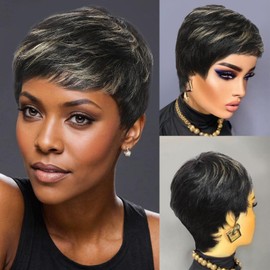 CAUBINO Pixie Cut Wigs Human Hair Ombre Blonde Short for Women Glueless Wear and Go Wig None Lace Front Glueless Wigs Put On and Go Short Layered Pixie Wig with Bangs for Daily Wear