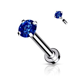 Amelia Fashion 16GA (1.2mm) L. 5/16" (8mm) Labret With CZ Prong Set Top Flat Back Stud Internally Threaded Micro Base 316L Surgical Steel For Nose, Lip, Chin, and More (Blue)
