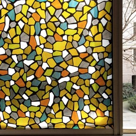 CVANU Privacy Window Film Printed Yellow Flower Window Frosting Film Window Sticker Window Cling Frosted Vinyl Sheets for Front Door/Bathroom/Sidelight/Small Windows, 12''x100''