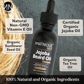 Natnique Jojoba Beard Oil for Men with Vitamin E & Tea Tree – Organic Conditioner & Growth Oil – Moisturizer for Facial Hair, Mustache & Dry Skin – Softener for Itch, Dandruff & Grooming Care – 1 oz