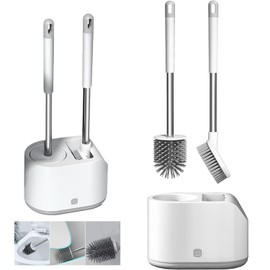 Vmingo Cepillo Escobilla Inodoro 2 en 1 con Base Antigoteo — Cabezal Giratorio de Silicona TPR | Limpieza Profunda sin Rayones | Cepillo para Baño Compacto y Moderno