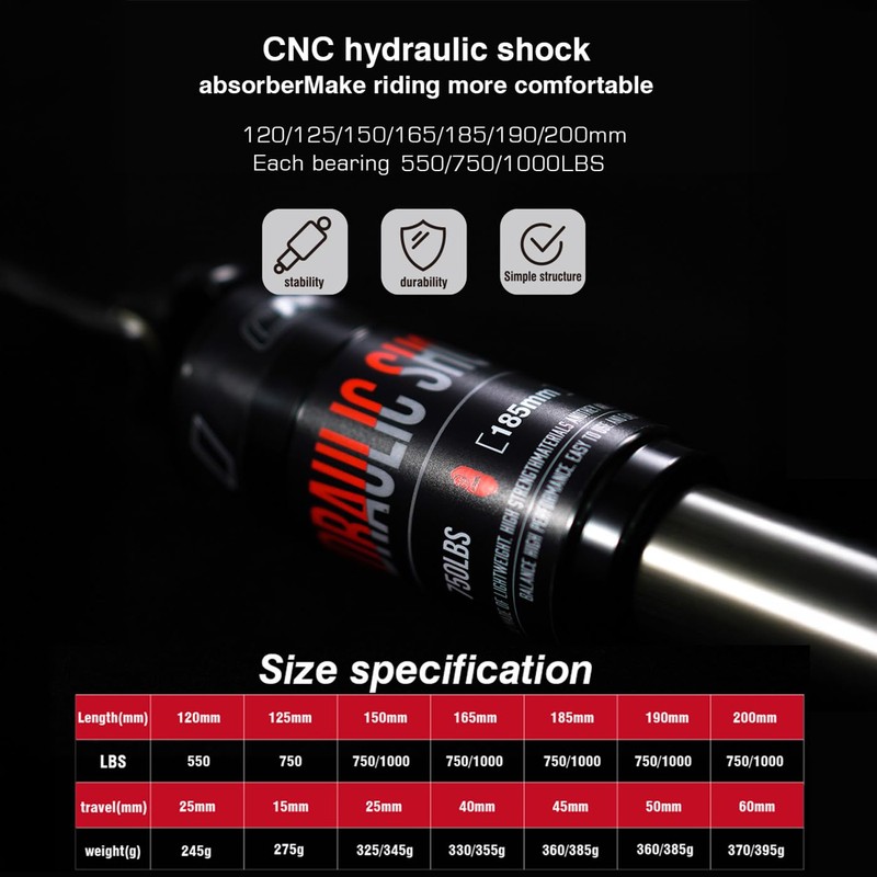 CNCLOL Mountain Bike Rear Shock 190x1000mm,Bicycle Shock Absorber- Hydraulic Rear