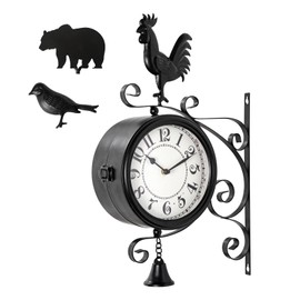 MODE HOME Vintage Wall Clock with Interchangeable Rooster Bird and Bear Designs, Double-Sided Hanging Farmhouse Clock with Bell, Rustic Metal Iron Clock for Indoor Outdoor Decor Garden Porch 13x18"