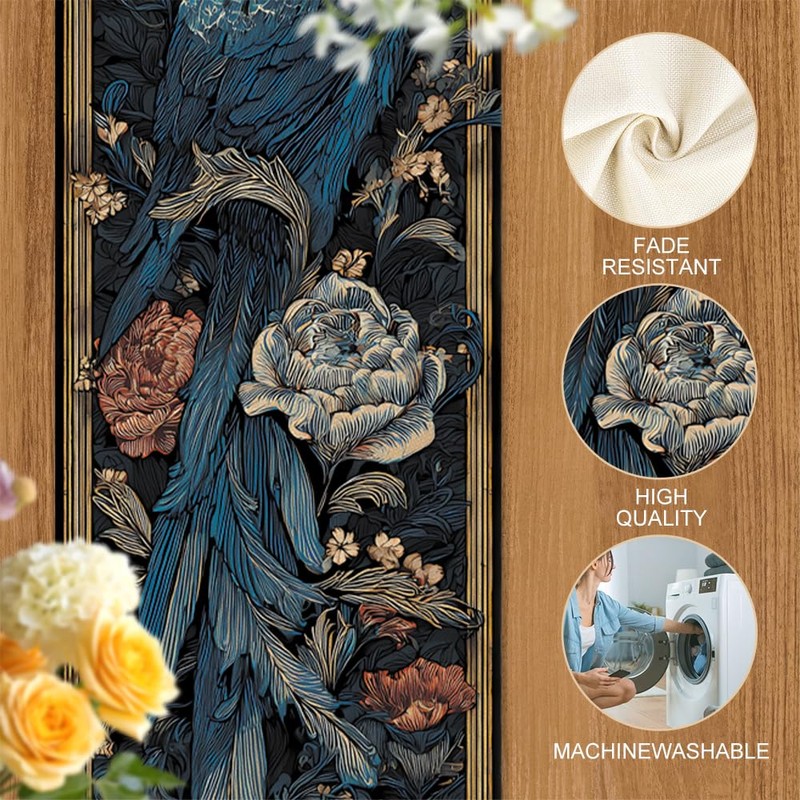 Bird and Floral Table Runner 13x72 Inch, Elegant Nature Design