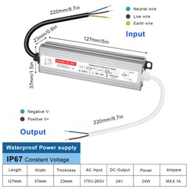LED Transformer 24 V 1 A, IP67 Waterproof LED Transformer 24 V 24 W, Transformer 230 V to 24 V 1 A, Power Supply 24 V 24 W for G4 GU5.3 MR11 MR16, Not Dimmable, No Flicker, No Noise