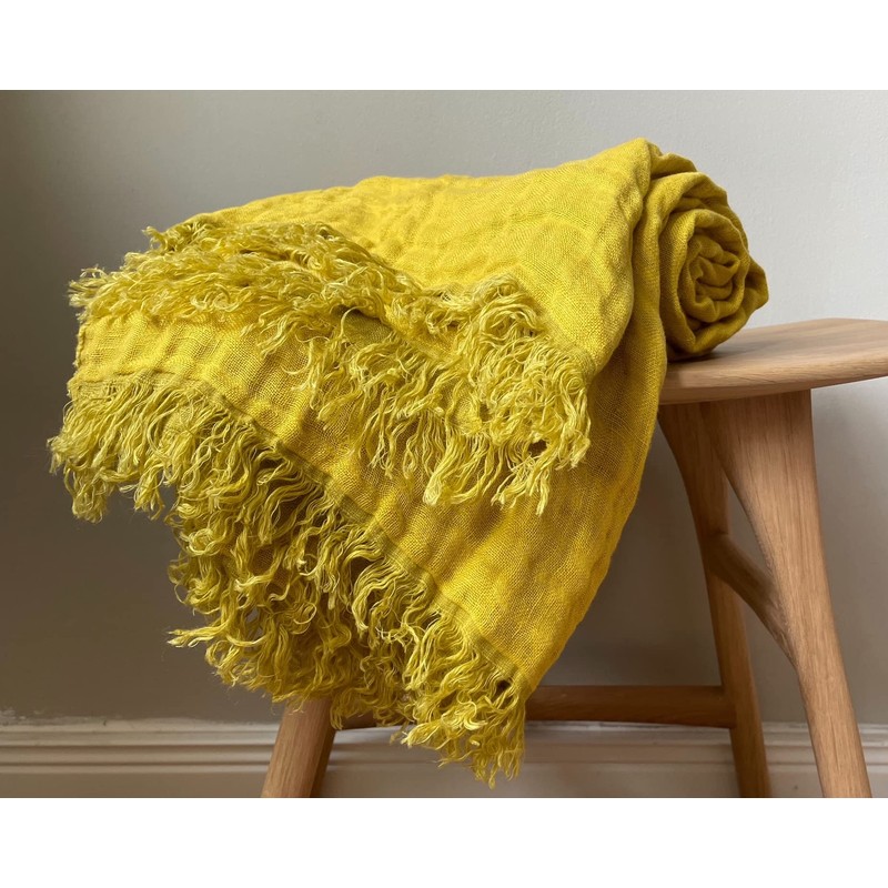 JOWOLLINA Doubleface Plaid Bed Throw Linen Stonewashed (Mustard Yellow, 135