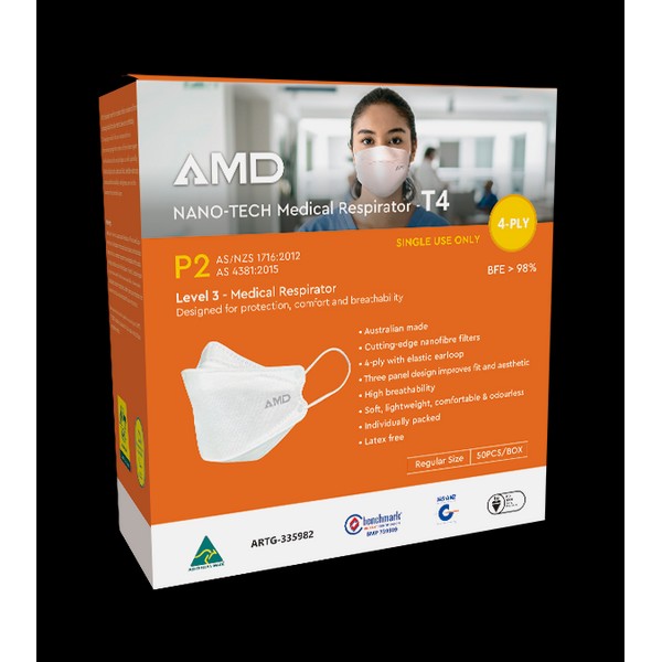 AMD Face Mask - NANO-TECH Particulate Respirator - T4 Level 3 Medical Respirator with Four Layers 50 Pack