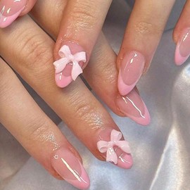 24pcs French Tip Press on Nails Short Almond Fake Nails with Charm Designs Cute Bow False Nails Full Cover Glue on Nails Pink French Tip Artificial Nails for Women Girl Nail Decoration